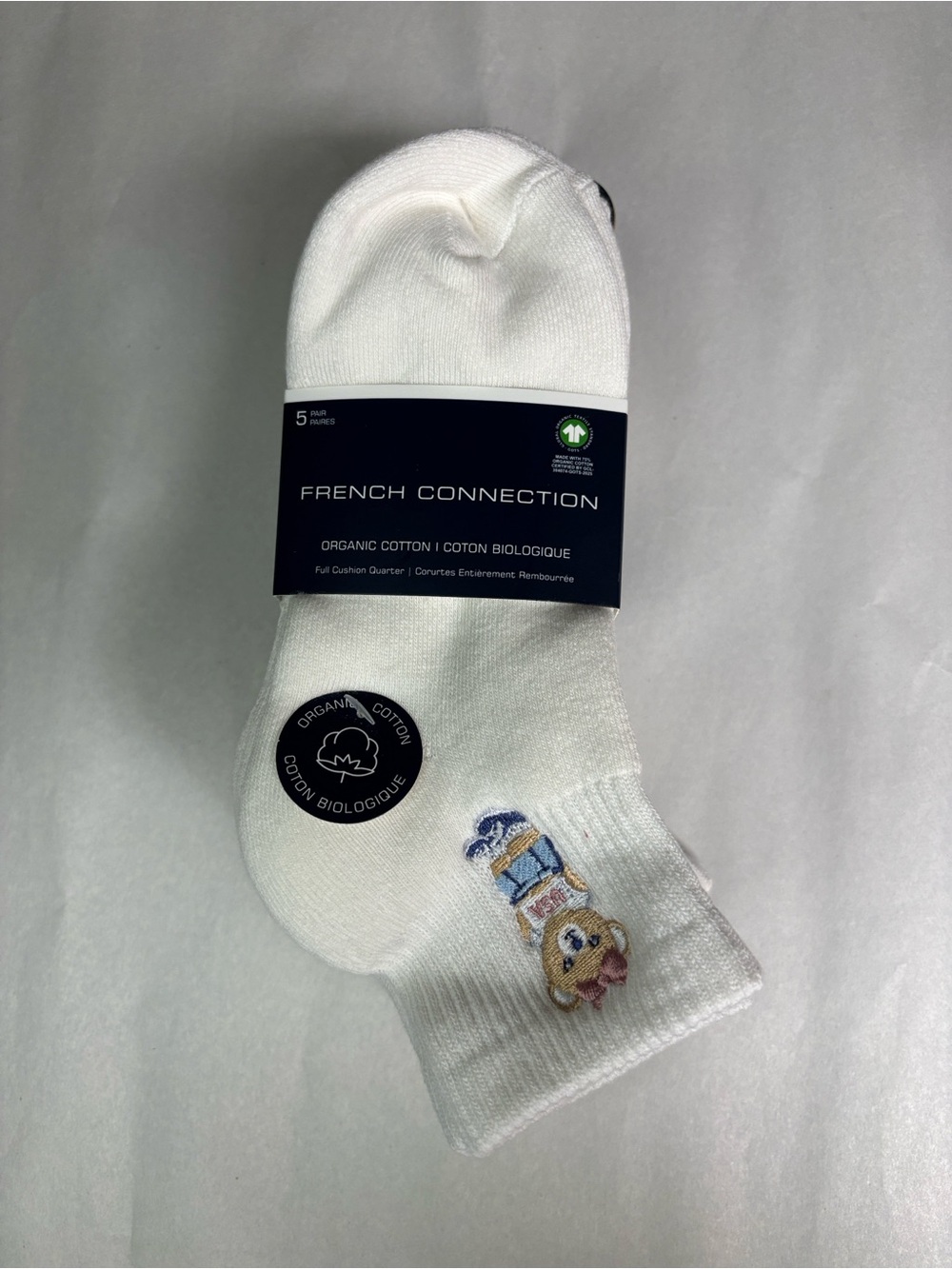 New French Connection Socks Women’s 5 Pair White & Pink Bear & Bows Quarter Sock